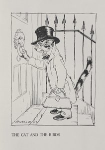 Katten och fåglarna, illustration från "Aesops fabler", publicerad av Heinemann, 1912 av Arthur Rackham