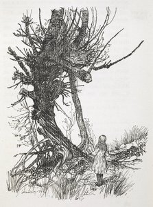 Cheshire-katten i ett träd tittar ner på Alice av Arthur Rackham