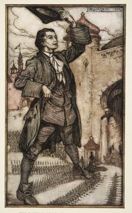 Kejsaren av Lilliput granskar sina trupper, från Gullivers resor av Jonathon Swift (1667 - 1745), pub. 1909 (lito i färg) av Arthur Rackham