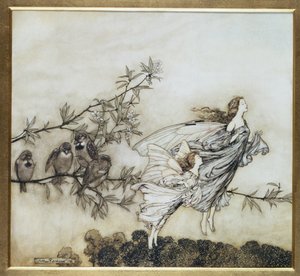 Feerna har sin Tiff with the Birds, illustration från 1906 för Peter Pan i Kensington Gardens av J.M. Barrie, pub. 1906 (bläck och wc)