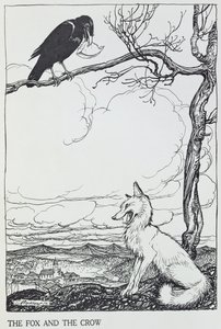 Räven och kråkan, illustration från "Aesops fabler", publicerad av Heinemann, 1912 (gravyr)