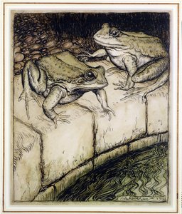 The Frogs and the Well, illustration från Aesops Fables, publicerad 1912 (penna & bläck och wc på papper) av Arthur Rackham