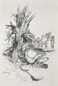 Gryphon sitter mot ett träd av Arthur Rackham