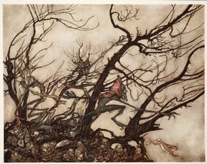 Indianerna ansåg dem vara andarnas boning., från Rip Van Winkle av Washington Irving, pub. 1910 av Arthur Rackham