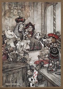 The Knove of Hearts i kajen inför drottningen och kungen av hjärtan anklagade för att ha stulit tårtorna av Arthur Rackham
