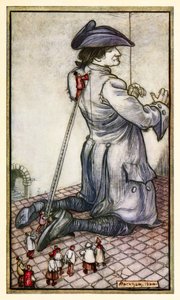 De Lilliputian-skräddarna mäter Gulliver för en ny kläddräkt från Del I: A Voyage to Lilliput in Gullivers Travels av Jonathan Swift av Arthur Rackham