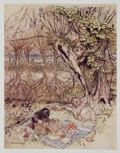 Mullvaden bad som en tjänst att få packa upp det helt själv, från Wind in the Willows av Kenneth Grahame (1859 - 1932), pub. 1940 av Arthur Rackham
