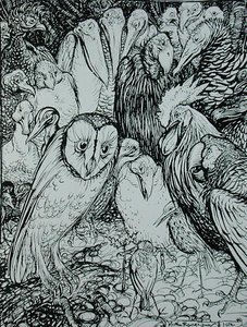 Uggla och fåglarna, illustration från "Aesops fabler", utgiven av Heinemann av Arthur Rackham