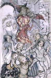 The Pied Piper of Hamelin, illustration till dikten av Robert Browning (1812-89) pub. 1934 (penna och bläck, akvarell på papper) av Arthur Rackham
