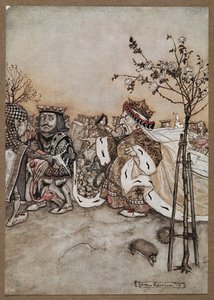 Hjärtadrottningen skriker argt efter krocketspelet av Arthur Rackham
