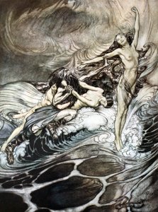 "Rhenjungfrun får ringen i besittning och bär av den i triumf", 1924. av Arthur Rackham