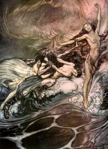 Rhenjungfrun får ringen i besittning och bär av den i triumf c1911 av Arthur Rackham