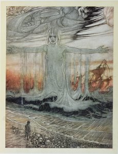 Den skeppsbrutna mannen och havet, illustration från "Aesops fabler", publicerad av Heinemann, 1912 av Arthur Rackham