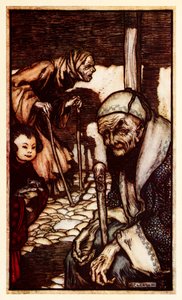 Struldbrugs olyckliga odödliga utan evig ungdom som förklaras från del III: A Voyage to Laputa, Balnibarbi, Luggnagg, Glubbdubdrib, and Japan in Gullivers Travels av Jonathan Swift av Arthur Rackham