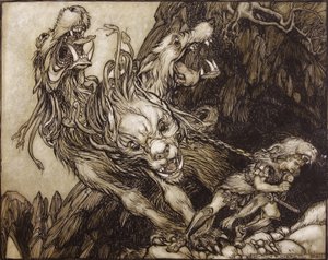The Twelfth Labour of Hercules, illustration från The Greek Heroes av B.G. Niebuhr, 1903 (penna & bläck och wc på papper) av Arthur Rackham