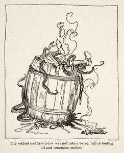 Den onda svärmor lades i en tunna full av kokande olja och giftiga ormar, från Little Brother & Little Sister and Other Tales av bröderna Grimm, pub.1917 (litho) av Arthur Rackham