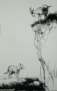 Vargen och geten, illustration från "Aesops fabler", utgiven av Heinemann av Arthur Rackham