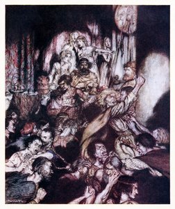 Festsalen var i tumult. från The Little Brawl in Irish Fairy Tales av Arthur Rackham
