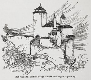 Slottet omgivet av törnen från Briar Rose (Törnrosa) av Arthur Rackham