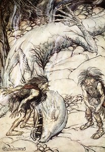 "Dvärgarna grälar om Fafners kropp", 1924. av Arthur Rackham
