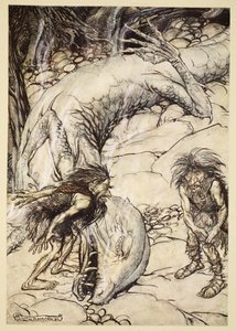 Dvärgarna grälar om Fafners kropp, illustration från "Siegfried and the Twilight of the Gods", 1924 av Arthur Rackham