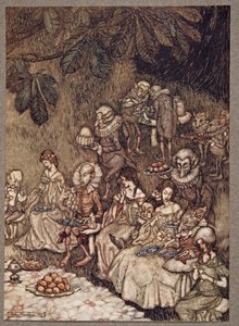 Feerna sitter runt på svampar, och till en början är de väluppfostrade, från Peter Pan i Kensington Gardens av J M Barrie (1860 - 1937), pub. 1906 av Arthur Rackham