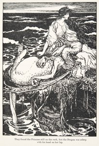 Hon hittade prinsessan fortfarande på klippan, men draken sov med huvudet i hennes knä, från The Fairy Tales of the Brothers Grimm, pub. 1909 av Arthur Rackham