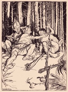 Jätten gav den som satt bredvid honom en låda på örat. Illustration av Arthur Rackham från Grimm