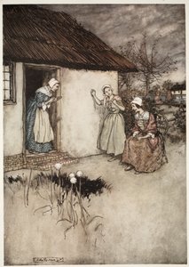 De goda fruarna i byn misslyckades aldrig, i sina kvällsskvaller att lägga all skuld på Dame Van Winkle, från Rip Van Winkle av Washington Irving, pub. 1910 av Arthur Rackham