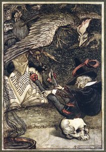 Den lille mannen hade satt sig i mitten av cirkeln på den stora skallen, från The Ingoldsby Legends, pub. 1907 av Arthur Rackham
