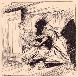 Den gamla grep henne i klänningen och försökte hålla henne fast. Illustration av Arthur Rackham från Grimm