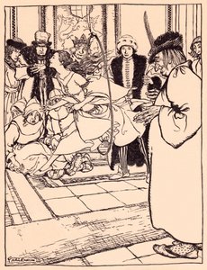 Den vackra jungfrun hoppade genom bågen lika lätt som ett rådjur. Illustration av Arthur Rackham från Grimms saga, De tre fjädrarna. av Arthur Rackham