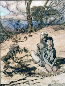 Sonen skapade en cirkel, och hans far och han tog plats i den, och den lilla svarta mannekan dök upp, illustration från Kungen av det gyllene berget i Sagorna om bröderna Grimm,