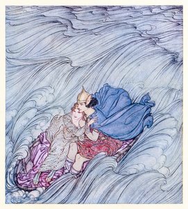 Vågorna från alla världar verkade virvla förbi dem i en enorm grön matta från Becuma of the White Skin in Irish Fairy Tales av Arthur Rackham