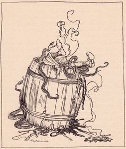 Den onda svärmor lades i en tunna full av kokande olja och giftiga ormar. Illustration av Arthur Rackham från Grimms saga, De tolv bröderna, publicerad i slutet av 1800-talet. av Arthur Rackham