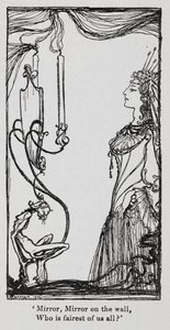 Den onda drottningen tittar på sig själv i spegeln från Snowdrop (Snövit) av Arthur Rackham