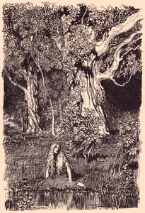 Där satt hon och skulle ha blivit sittande länge om det inte hade prasslat och knäckt i grenarna på närmaste träd. Illustration av Arthur Rackham från Grimms saga Gåsflickan vid brunnen. av Arthur Rackham
