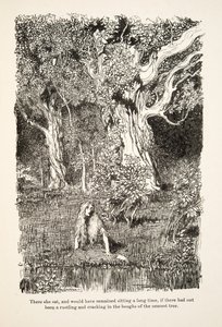 Där satt hon och skulle ha blivit sittande länge, om det inte hade prasslat och knakat i grenarna på närmaste träd, från Lillebror & Lillasyster och andra sagor av bröderna Grimm, utg.1917 (litho) av Arthur Rackham