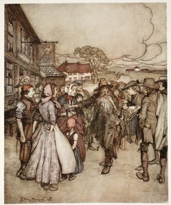 De trängdes runt honom och tittade på mig från topp till fot med stor nyfikenhet., från Rip Van Winkle av Washington Irving, pub. 1910 av Arthur Rackham