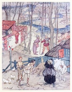 De erbjöd en ko för varje ben på hennes ko, men hon skulle inte acceptera det erbjudandet om inte Fiachna gick i borgen för betalningen. från Mongans Frenzy in Irish Fairy Tales av Arthur Rackham