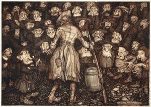 De stirrade på honom med en sådan fixerad, statyliknande blick att hans hjärta vände sig inom honom och hans knän slog ihop., från Rip Van Winkle av Washington Irving, pub. 1910 av Arthur Rackham