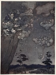 De styrdes av en gammal squaw ande som hängde upp de nya månarna i himlen och skar upp de gamla till stjärnor., från Rip Van Winkle av Washington Irving, pub. 1910 av Arthur Rackham