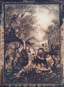De blev så rasande att de slet upp träd med rötterna och hackade på varandra tills de båda föll döda, från The Fairy Tales of the Brothers Grimm, pub. 1909