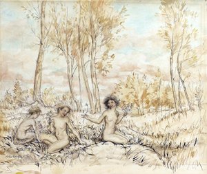 Tre tränymfer samlar blommor (penna och bläck och wc på papper) av Arthur Rackham