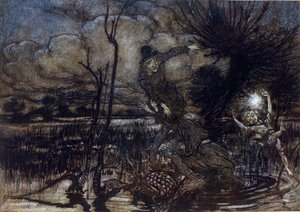 Två karaktärer misslyckas med att drunkna i träsket, Puck hjälper dem med en brand. Illustration av Arthur RACKHAM (1867-1939) för The Dream of a Summer Night av William SHAKESPEARE av Arthur Rackham