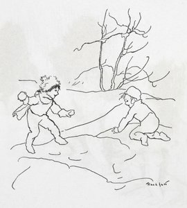 Två barn som har en snöbollskamp av Arthur Rackham
