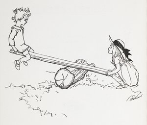 Två barn på en sågsåg. av Arthur Rackham