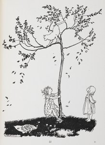 Två barn försöker få ner en katt från ett träd. av Arthur Rackham
