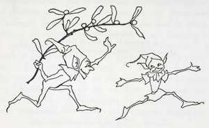 Två tomtar som leker, en bär en kvist mistel av Arthur Rackham