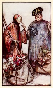 Två av dessa vismän... som köpmän bland oss (som uttrycker sig med saker de bär runt på) från del III: A Voyage to Laputa, Balnibarbi, Luggnagg, Glubbdubdrib och Japan in Gullivers Travels av Arthur Rackham